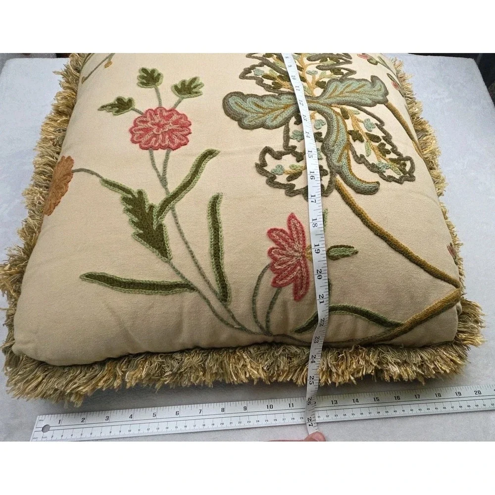 Crewel Embroidered‎ Pillow Fringe Jacobean French 20